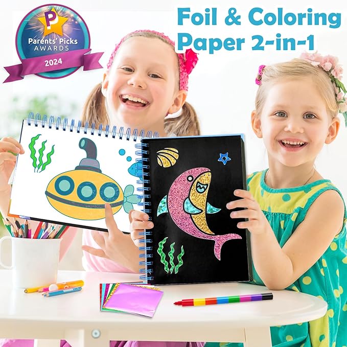FUNNYB&G Foil Art Craft Kit for Kids 4-10 Years Old: Mess-Free & No-Glue, Create 16 Sparkly Ocean Pictures – Perfect Travel Toy & Birthday Gift for Kids (Ocean)