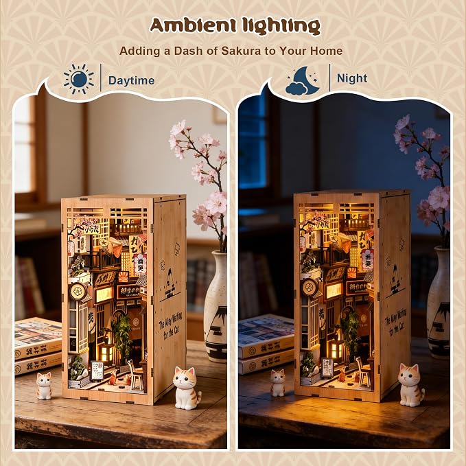 DIY Book Nook Kit with LED Lights | 3D Puzzles for Adults & Teens, Miniatures and Model Building Kits for Bookshelf Decor, Relaxing & Creative Gift for Craft Lovers | Sakura Alley