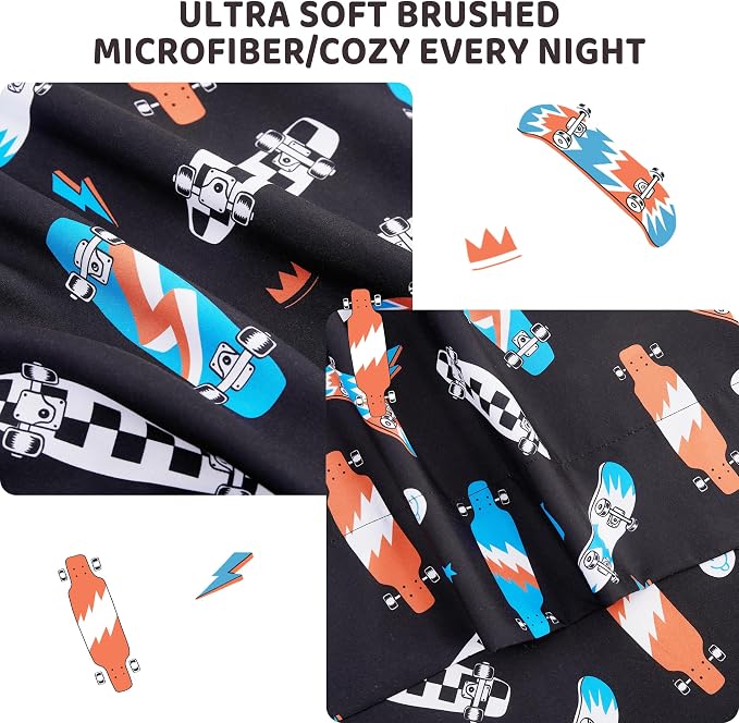 Viviland 3 Pieces Boys Black Twin Sheet Set - Soft Microfiber Fitted Flat Sheets & Pillowcase Bed Sheet Set - Cool Skateboard Bedding Sets for Kids