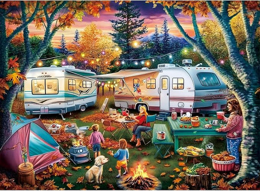 300 Piece Puzzle for Adult,Fall RV Camping Puzzle for Kids Adults Seniors,Jigsaw Puzzle with Moon Campfire Night for Kids Ages 8-10 10-12,Challenging Family Game Gifts for Friends Men Women,20.5*15In