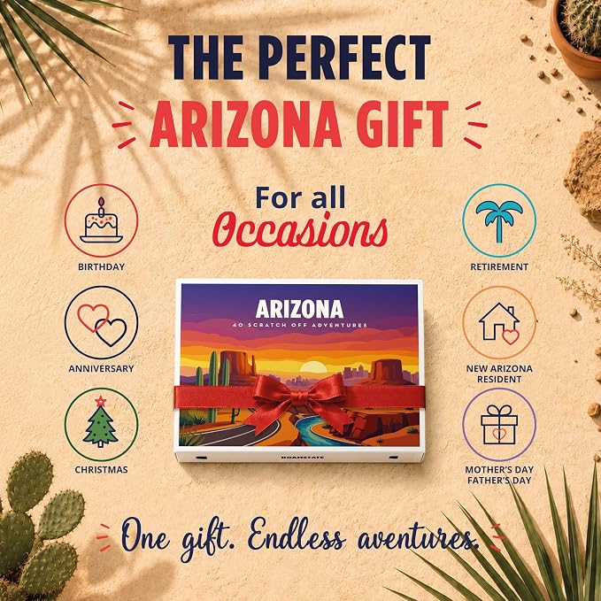 Arizona Bucket List Scratch Off Cards - 40 Adventure Cards with Region Split Map, Hidden Gems, Scenic Escapes & Local Favorites - Travel Gift for Couples, Families, Friends & Tourists