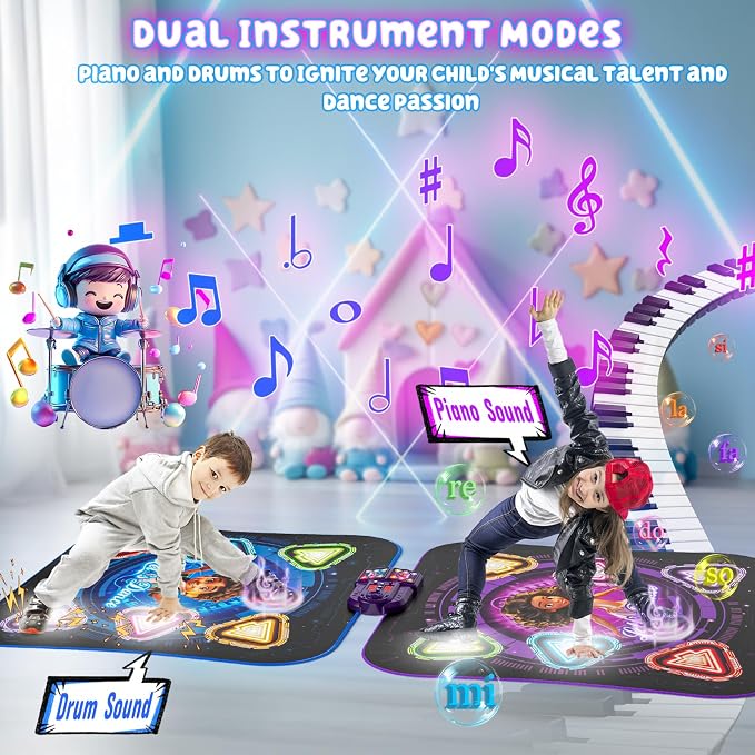 Dance Mat, 2026 Light Up 2-Player Opposing Dance Pad with Single & Double Player Modes, 12-Button Kids Music Toys with Bluetooth, Birthday for 3-12 Year Old Boys Girls