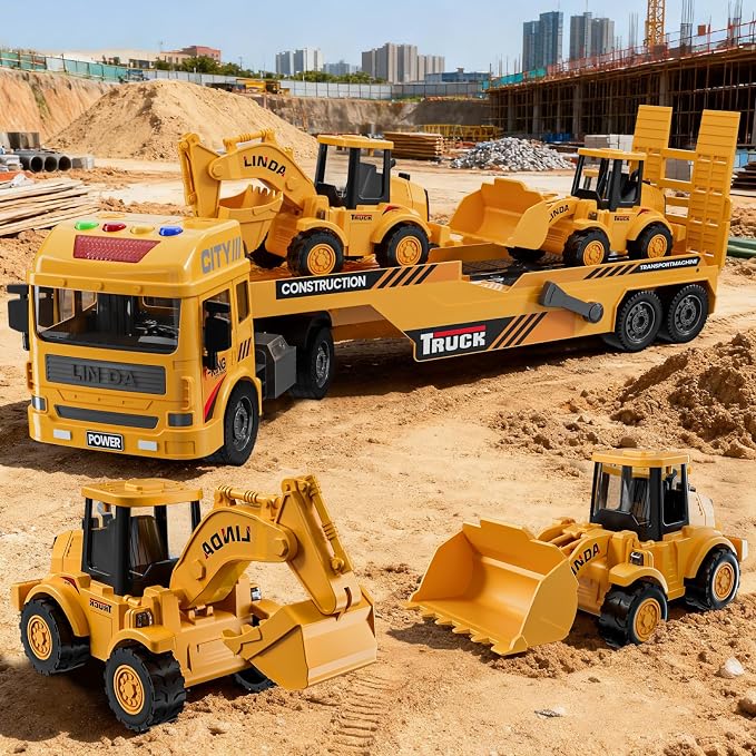3-in-1 Excavator Bulldozer Engineering Semi-Truck Toy Set for Boy Gift Age 3 4 5 6 7 Large Transport Vehicle Road Trailer Truck Loader Kids Play Inertia Construction Toy Toddlers Digger Sound Light