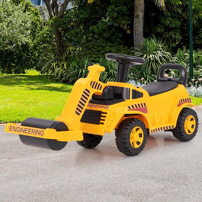 Costzon Ride on Road Roller, Sliding Kids Car with Adjustable Roller, Under-Seat Storage, Anti-Tipping Block & Engine Sound, Construction Vehicle Ride on Push Car for Toddlers Aged 19-36 Months
