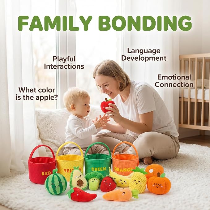 Montessori Baby Sensory Toys 6-12 Months - 16PCS Soft Plush Fruits & Vegetables Basket with Crinkle, Rattle & Color Sorting, Fine Motor Skills Learning Toy for 1 Year Old Toddlers Boys Girls