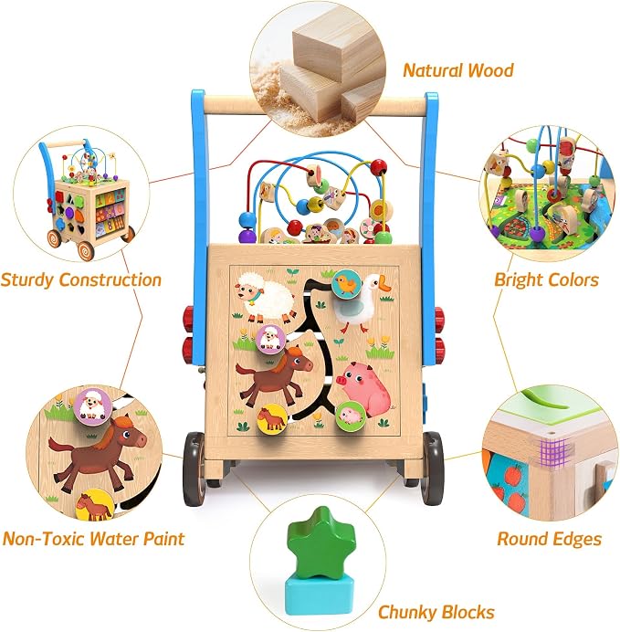 9-in-1 Wooden Activity Cube Baby Walker for 1 Year Old | Sit-to-Stand Learning Walker & Montessori Activity Center for Toddlers | Height & Speed Adjustable Push Walker Toy for Boys & Girls