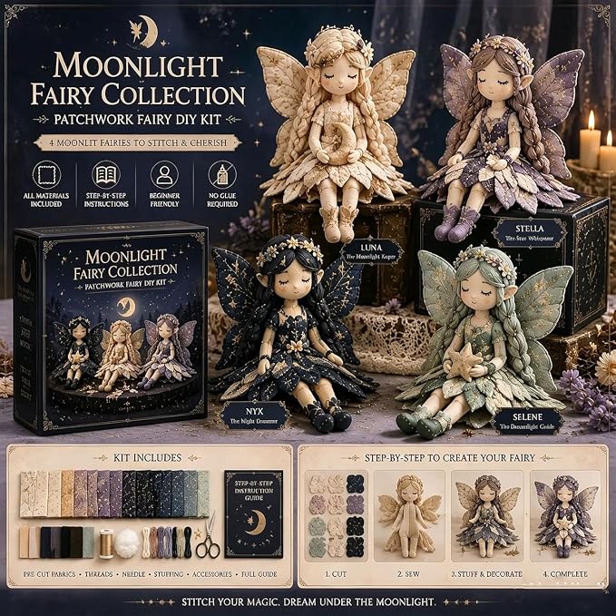 Fairy Patchwork DIY Collection, Fun Flower Fairy Patchwork Sewing Kit, Make 4pcs Winged Elf Cloth Dolls, Complete Fabric Supplies DIY Craft Set for Beginner Crafters, Home Handmade Gift
