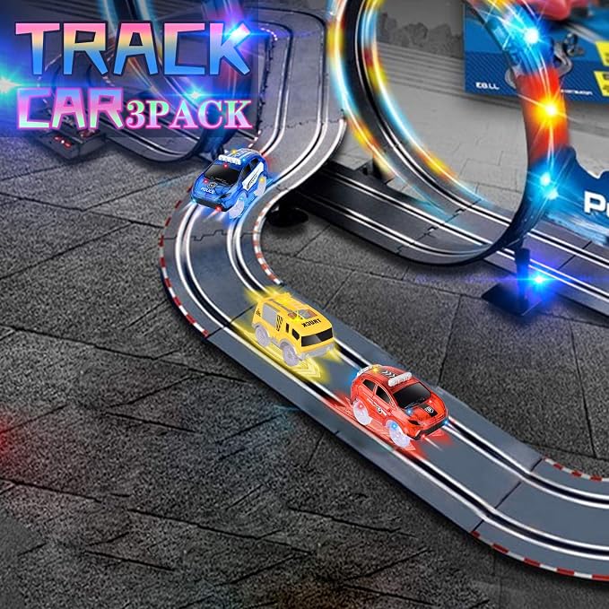 Track Cars Only Replacement Light Up Toy Cars with 5 Flashing LED Lights for Tracks Glow in the Dark, Flex Race Car Track Accessories Compatible with Most Car Tracks for Kids (3 Pack) with Screwdriver