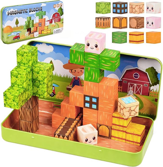 Magnetic Building Blocks Sensory Toys, Toddler Montessori Construction Stacking Toys, 35PCS Magnet Cubes for Kids, Gifts for Boys Girls, Portable Travel Toy Stem Learning Activities for Toddlers 3-8
