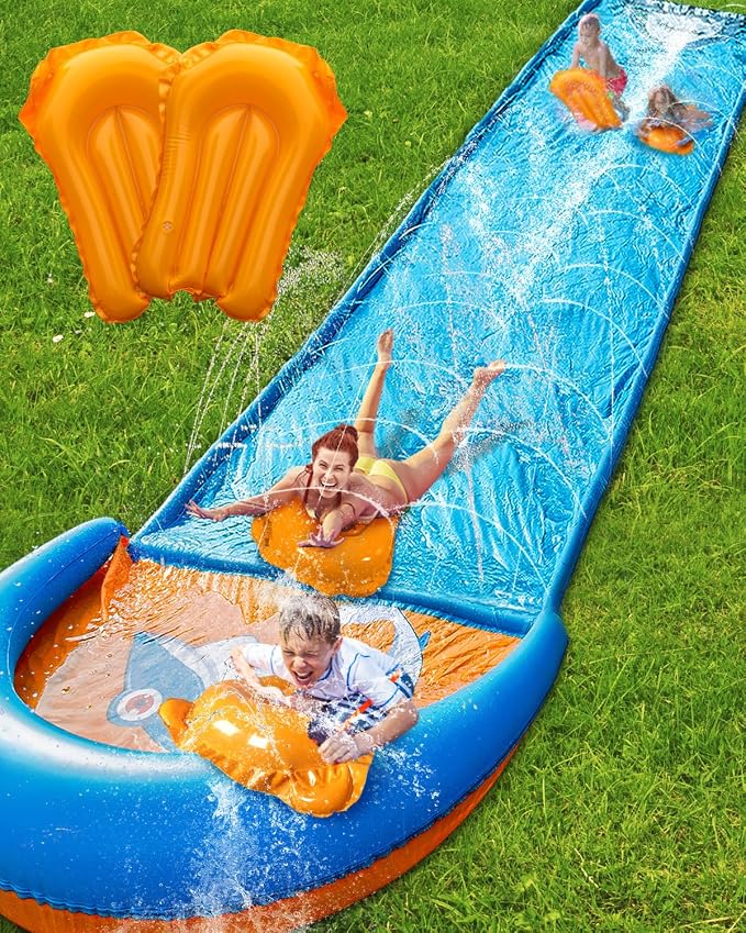 Spring Water Slip and Water Slide, 22FT Lawn Slip n WaterSlide for Kids Adults, Backyard Summer Outdoor Water Toys with Sprinkler, 2 Inflatable Bodyboards