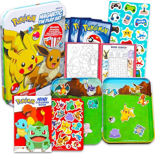 Pokemon Magnetic Creations Toy - Bundle with 36 Magnetic Play Pieces Plus Mini Coloring Book, Stickers and Pokemon Cards for Kids, Toddlers | Activity Play Set