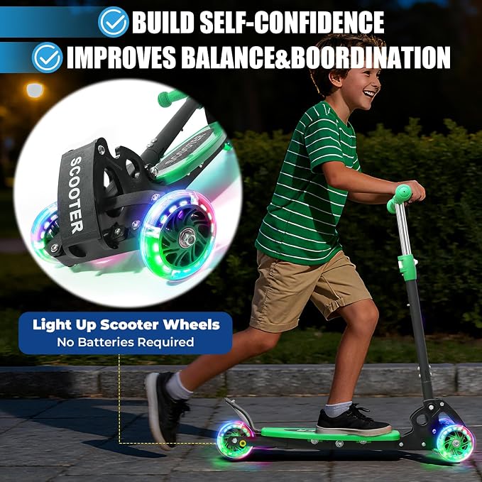 3 Wheel Scooter for Kids Ages 3-12, LED Light-Up Kids Kick Scooter–Portable Foldable, Adjustable Height, Durable Metal Construction, 6" Extra Wide Deck for Outdoor Activities,Child Safety Certified