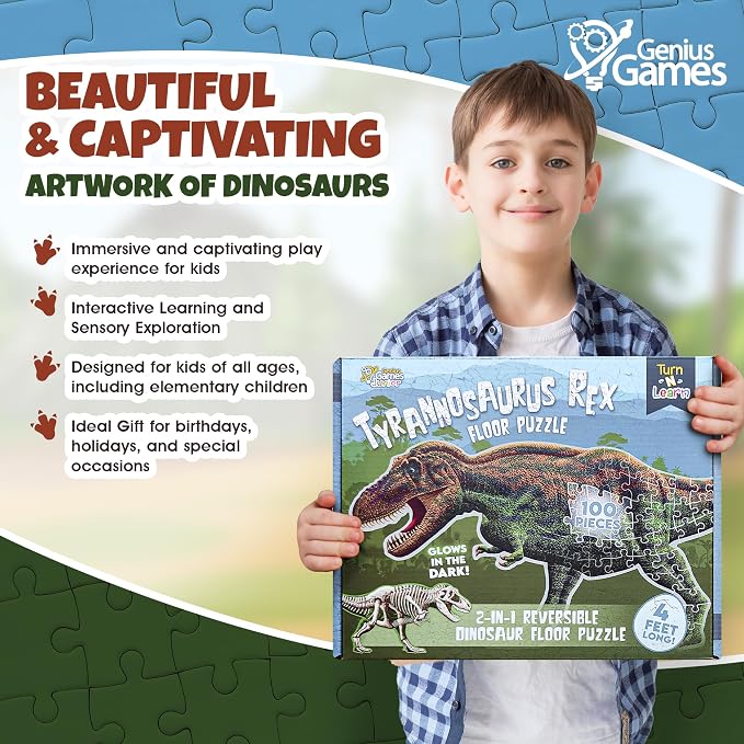 Tyrannosaurus Rex Dinosaur Jigsaw Puzzle | 100-Piece Double Sided Floor Puzzle with Glow-in-the-Dark Skeleton On Other Side | 4 FT Scientifically Accurate Dino Illustration | Educational Toy for Kids