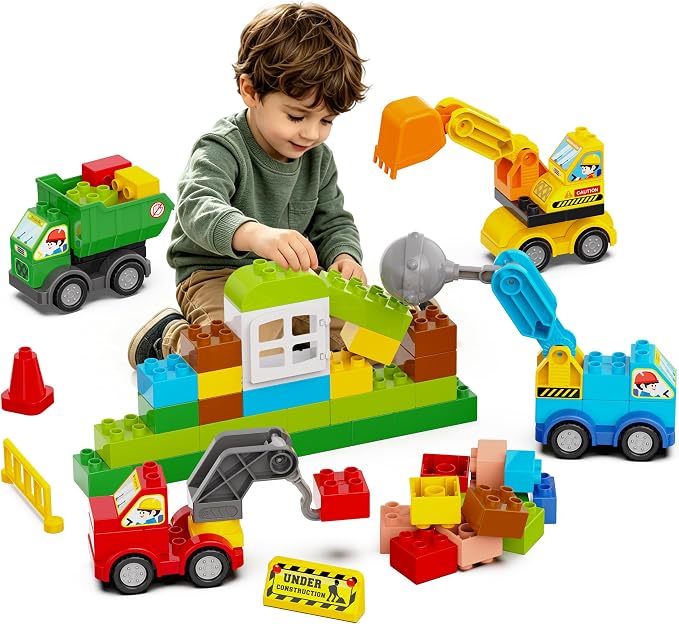 100+ Pcs Building Blocks Set with 4 Construction Trucks, Large Baseplate, Post-Disaster Rebuild Pretend Play, STEM Toy for Fine Motor Skills & Emotional Growth, Gift for Kids Ages 3-8