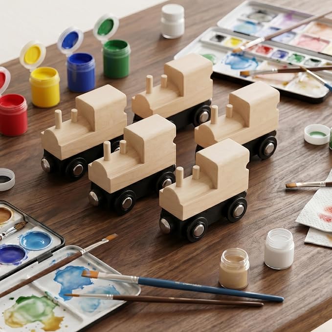 12 Pcs Unpainted Wooden Train And Stickers - Craft Kit – Magnetic Engines with 12 Sticker Sheets – Compatible with All Major Wooden Railway Brands – Art Project for Kids & Birthday Party Favors