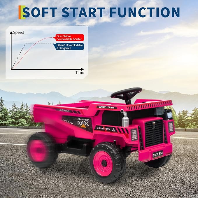 Garvee 12V Ride On Dump Truck for Kids, Ride On Car with Remote Control, Construction Vehicles with Dump Bed & Shovel, Ride-On Toys 16.5 in Spacious Seat, Music, Headlights, Soft Start, Pink
