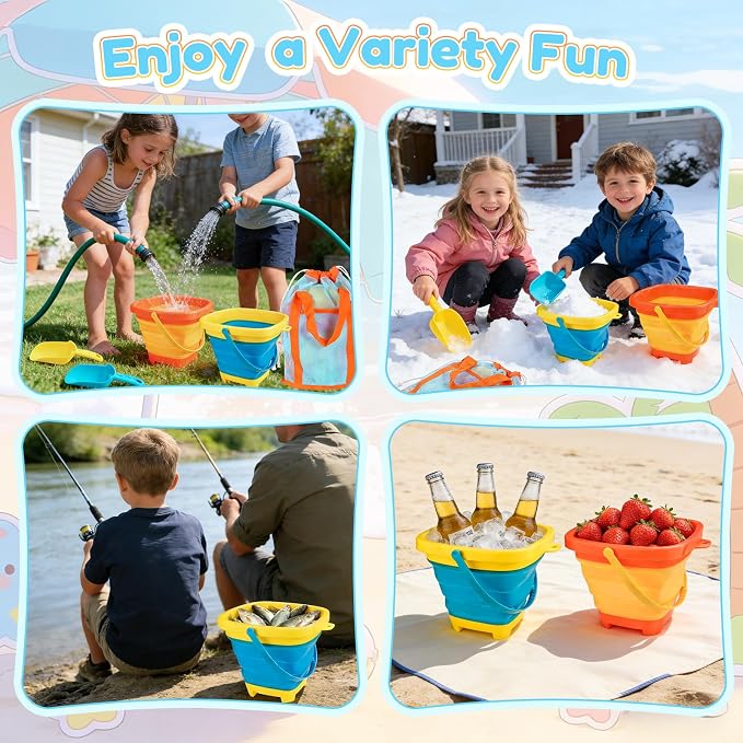 Beach Sand Toys Set for Kids, 2-Pack Collapsible Sand Buckets with 2 Metal Sifter & 2 Plastic Shovels & Mesh Bag | for Easter Egg Hunt Shell Collecting Castle Building Summer Travel