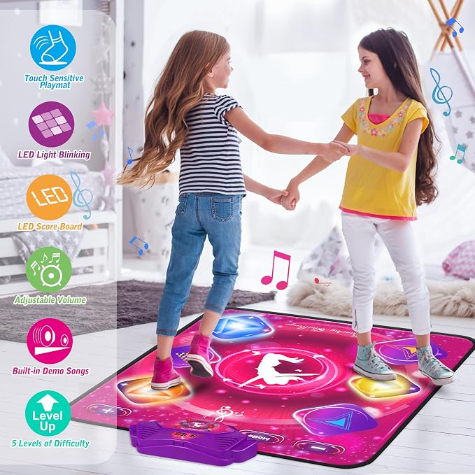 Kusntin Dance Mat, Dance Mixer Rhythm Step Play Mat, Pink Dance Pad with LED Lights, Adjustable Volume, Built-in Music, 5 Game Modes, Xmas Birthday Gifts for 3-10 Years Girls Toys (Purple)