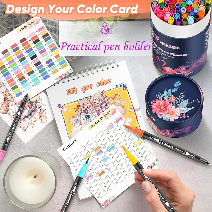 Caliart 72 Colors Double Tip Brush Pens Art Markers, Artist Fine & Brush Coloring Markers for Adult Book Journaling Calligraphy Lettering Planners Cards Drawing Craft Kit Teacher Office Supplies