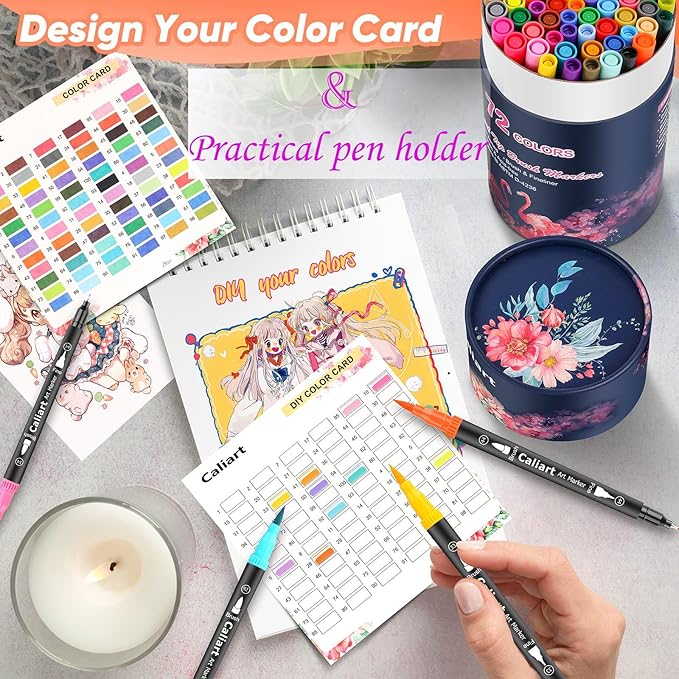 Caliart 72 Colors Double Tip Brush Pens Art Markers, Artist Fine & Brush Coloring Markers for Adult Book Journaling Calligraphy Lettering Planners Cards Drawing Craft Kit Teacher Office Supplies