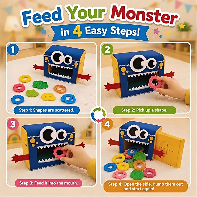 edusense Monster Feed Me Sensory Shape Sorter — 20 Washable Silicone Shapes | Fine Motor Feeding Toy for Toddlers 3+ | Occupational Therapist Designed Sensory Play for Home & Classroom