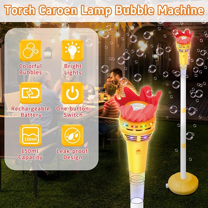 Infowush Torch Bubble Machine for Kids, Rechargable Bubble Maker Bubble Toys with Light, Outdoor Automatic Standing Height Adjustable Bubble Machine for Toddlers 1-3, Christmas Birthday Party Gifts