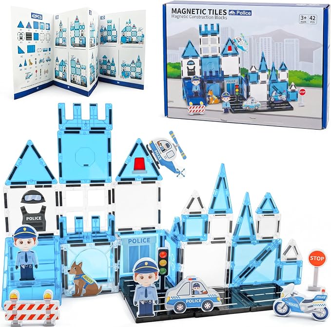 Magnetic Tiles for Kids Ages 3+, Police Magnetic Tiles Building Blocks with City Scene Pieces, Police Officer Elements & Accessories, STEM Toys for Toddlers, Ideal Gift for Boys and Girls