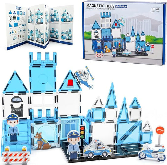 Magnetic Tiles for Kids Ages 3+, Police Magnetic Tiles Building Blocks with City Scene Pieces, Police Officer Elements & Accessories, STEM Toys for Toddlers, Ideal Gift for Boys and Girls