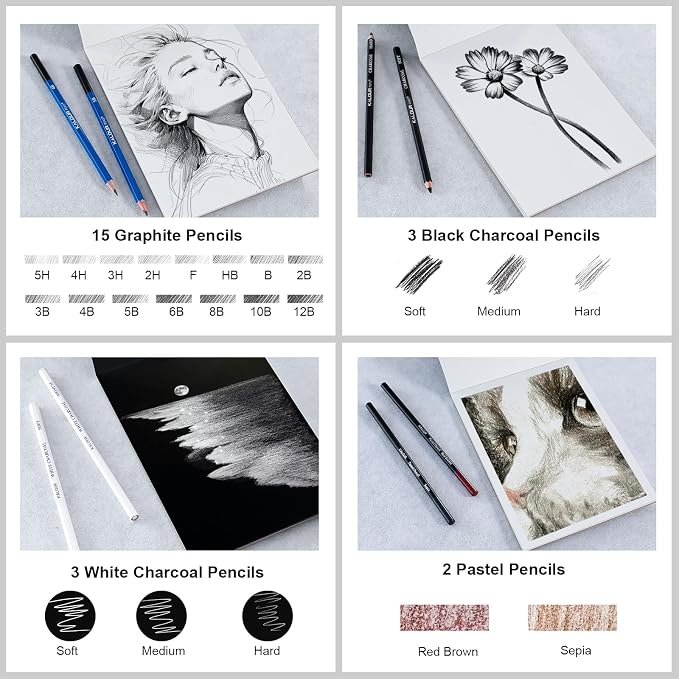 KALOUR PDAS 127 Drawing Set Sketching Kit, Pro Art Supplies with 3-Color Sketchbook & Coloring Book, Neon, Colored, Watercolor, Metallic, Graphite, Charcoal Pencils, Gift for Artists Adults Teens