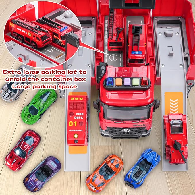 Toy Fire Truck Toddler Rescue Firetruck - Fire Engine Toy with Water Pump STEM Education Lights & Sounds Transformer Ejector Truck Car Race Track Kids Ages 3-5 6 7 8 Year Old Christmas Birthday Gift