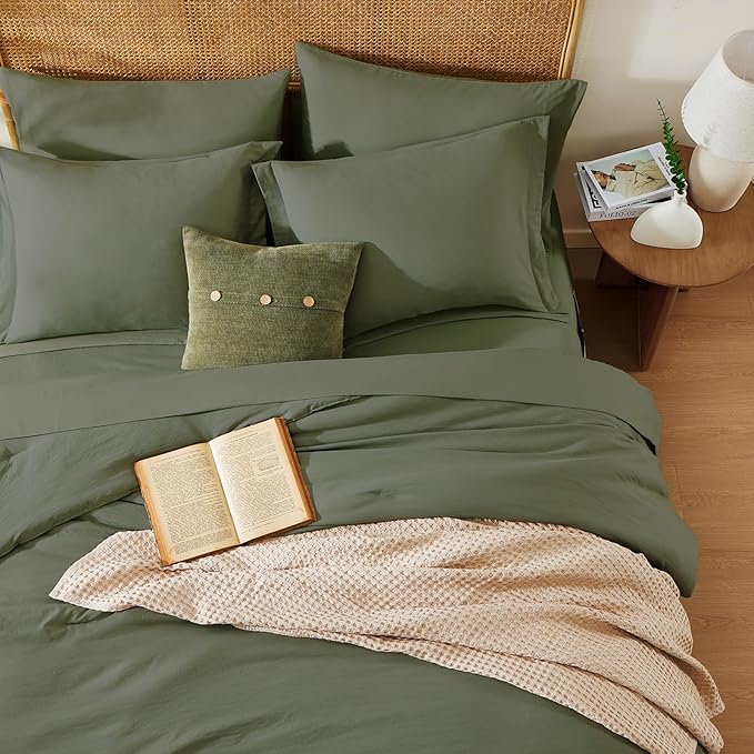 WRENSONGE Full Size Comforter Sets-7 Pieces Olive Green Bed in a Bag with Fitted Sheet, Flat Sheet, 2 Pillow Shams, 2 Pillowcases, Warm Bedding Sets for All Season
