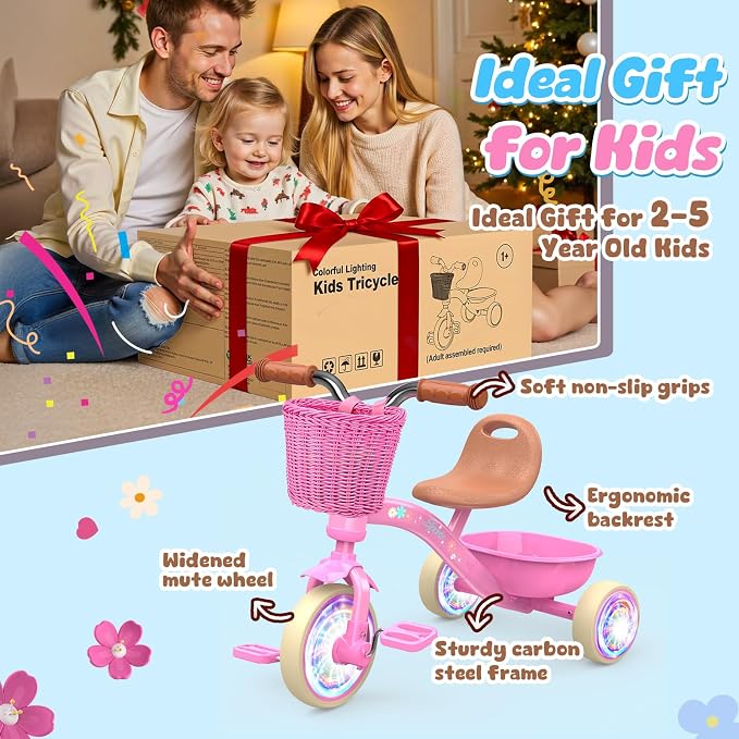 Kkdi Toddler Tricycle for 1-3 3-5 Year Olds, 2 3 4 5 Year Old Girl Birthday Gifts, Pink Toddler Baby Bike, Outdoor Riding Toys for Ages 2-4, 4-Level Adjustable Seat, 3 Color Light Wheels, 2 Baskets