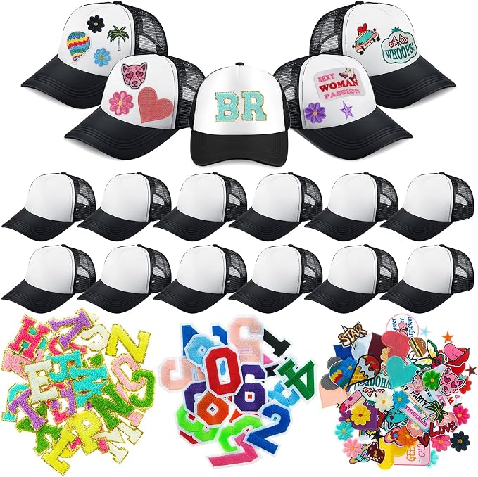 Hercicy 12 Pack DIY Trucker Hats Kit, Sublimation Blank Baseball Caps with 120 pcs Embroidered Patches DIY Craft for Party(Cute,Black&White)