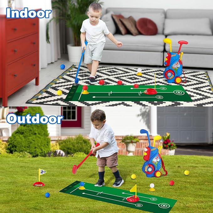 Toddler Golf Set for Boys Girls 2 3 4 Years Old, Kids Golf Clubs Set with Cart & Putting Mat, Outdoor Indoor Sports Toys Birthday Gift, Blue