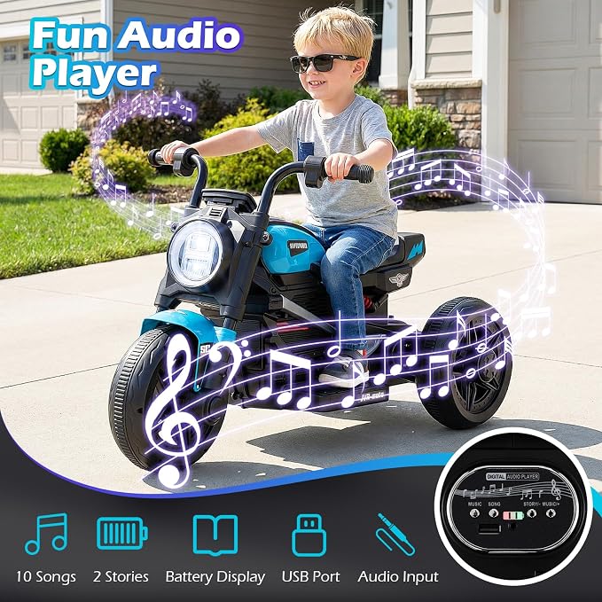 Costzon Toddler Motorcycle, 6V Chopper Kids Motorcycle Ride On Toy with LED Headlight, Music, Story, 3-Wheel Stable Electric Motorbike for Toddlers Boys Girls (Blue, 31" x 18.5" x 19.5"(L x W x H))