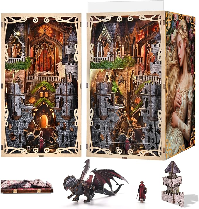 MiniCity Book Nook Kit for Adults, DIY 3D Wooden Puzzle Booknook Bookshelf Insert Decor with LED Light and Dust Cover (Sleeping Beauty)
