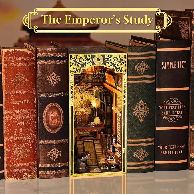 MiniCity DIY Book Nook Kit for Adults, 3D Wooden Puzzle Bookend Bookshelf Insert Decor with LED Light and Dust Cover (The Emperor's Study)