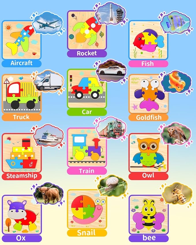 Wooden Puzzles Toddler Toys for Boys Girls, 12 Vehicle Shape Learning Educational Blocks Birthday Gifts Sensory Toy Montessori Toys