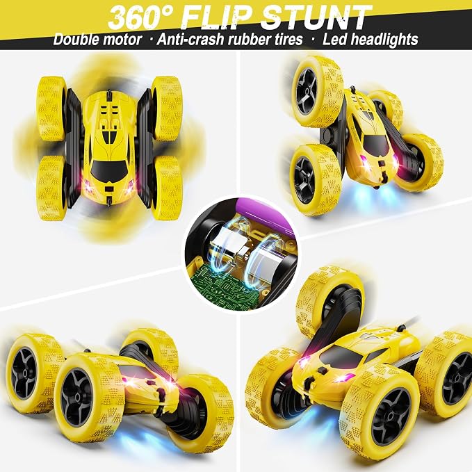 QUNREDA Remote Control Car,RC Car Toys for 6-12 Year Old Boys, Off Road RC Stunt Car 4WD 360° Rotating Remote Control Car for Kids, Boys Girls Gifts for Birthday, Christmas Yellow