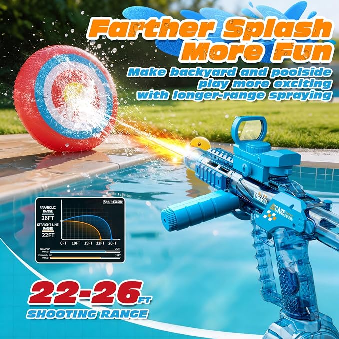 Electric Water Gun for Adults & Kids, Automatic Squirt Gun with 26 FT Range, Flashing Muzzle, USB Rechargeable Battery, 320cc Drum Reservoir, Outdoor Beach Pool Party Toys for Boys Girls,Blue