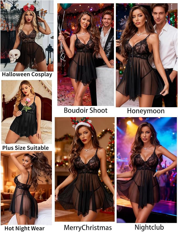 Avidlove Women Lingerie Lace Babydoll Mesh Nightgown Chemise Boudoir Nighty Sleepwear