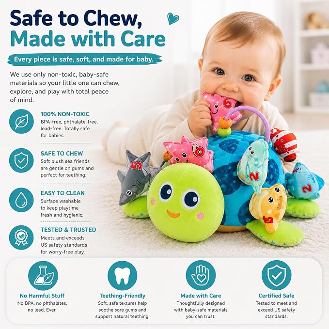 Baby Sensory Pull Out Toys – Soft Plush Turtle with 8 Detachable Baby Animals, Crinkle Paper & Rattle, Montessori Fine Motor Skill Toy for 6-12 Months Infant, Toddler 1-3 Year Old