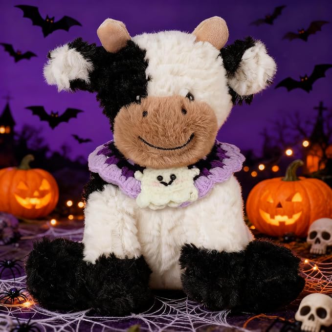 Hopearl Adorable Halloween Plush Cow Toy with Knitted Cute Ghost Bib Floppy Kawaii Dairy Cattle Soft Stuffed Animal Gifts for Boys Girls Kids Toddlers, 9''