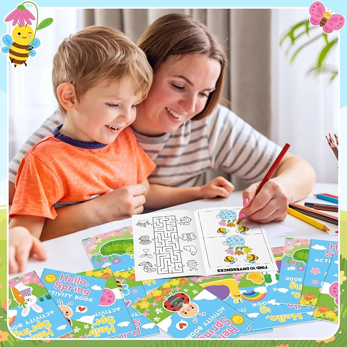 Spring Activity Books for Kids - 24Pcs Hello Spring Mini Games Coloring Book Set Bulk Insect Floral Mazes Word Search Word Scramble Games for Valentine Spring Easter Holiday Party Goodie Bag Stuffers