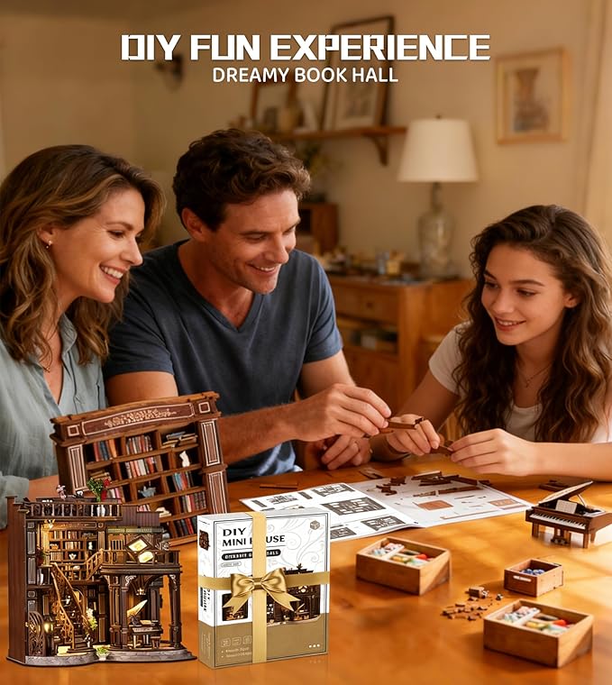 Roroom DIY Miniature House Kit, Dreamy Book Hall Book Nook Kit | Wooden 3D Puzzles for Adults with LED, Bookshelf, Desk and Bedside Room Decor, Relaxing Craft Project, Creative Gift