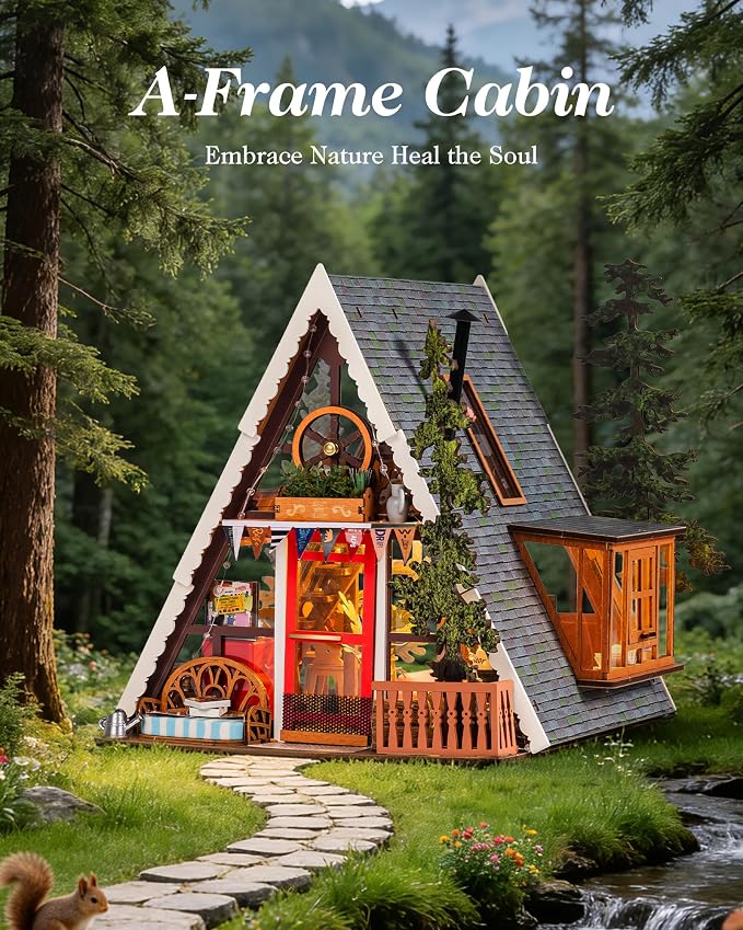 Rolife DIY Miniature House Kits A-Frame Cabin, Tiny House Mini House Building Kit for Teens, DIY Crafts for Adults, Birthday/Halloween for Parents Friends (A-Frame Cabin)
