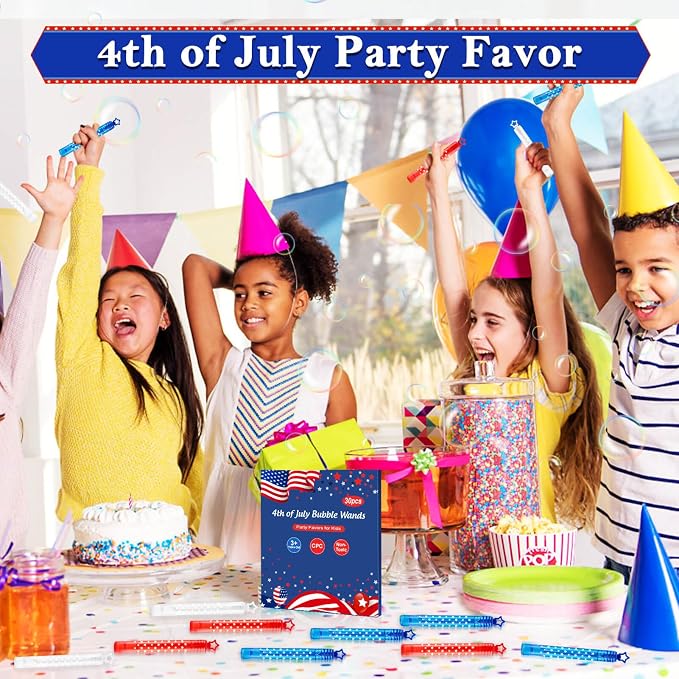 4th of July Party Favors Mini Bubble Wands 30PCS Fourth of July Toys for Kids Red White and Blue Bubbles Independence Day Decorations Patriotic Accessories Classroom Prizes Outdoor Gifts Girls Boys