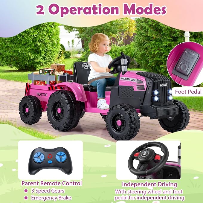 Costzon 24V Ride on Tractor with Detachable Trailer, Kids' Electric Vehicles with 3 Speeds, 15° Climbing, Wireless Design, Horn & Music, Remote Control Tractor Toy for Kids 3+,Gift (24V, Dark Pink)