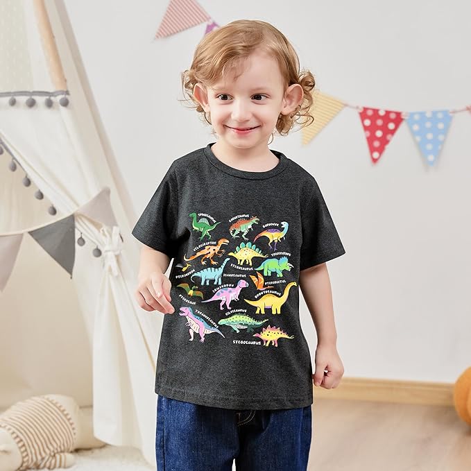 Lovekider Cotton Shirt for 3-6T Boys Truck Dinosaur Toddler Kids T-Shirt Short Sleeve Excavator Construction T-Rex Tee Shirts