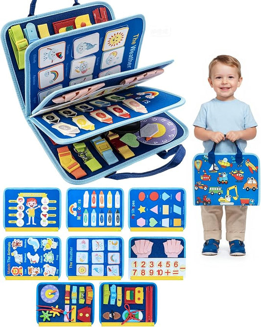 Montessori Busy Board for Toddlers, 8-Page Sensory Activity Book for Fine Motor Skills & Basic Dress Learning, Portable Travel Toy for Preschool Kids, Birthday Gift for Boys and Girls